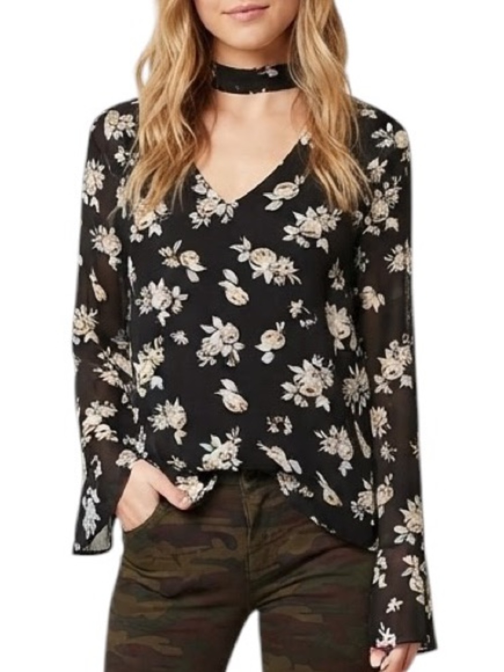 SANCTUARY ANTHROPOLOGIE Rosie Floral Tie Choker Bell Sleeve Blouse Coquette XS